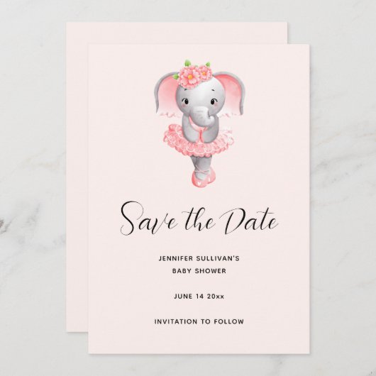 Adorable Ballerina Elephant En Pointe Save The Date (Vorne/Hinten)