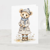 Adorable Bär in Coat Hat Scarf stiftet Daisy Blank Karte (Vorderseite)