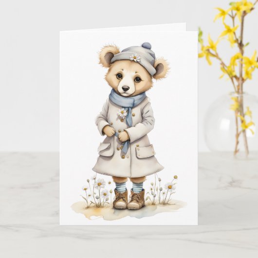 Adorable Bär in Coat Hat Scarf stiftet Daisy Blank Karte (Gelbe Blume)