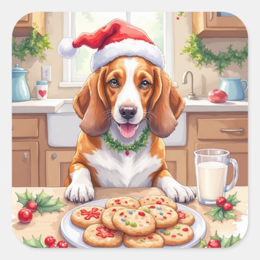 Adorable Basset Hound Sneaking Christmas Cookies Quadratischer Aufkleber (Vorderseite)