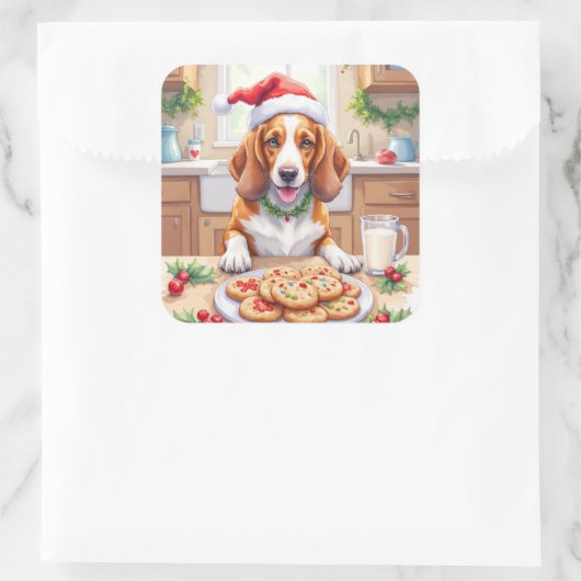 Adorable Basset Hound Sneaking Christmas Cookies Quadratischer Aufkleber (Tasche)