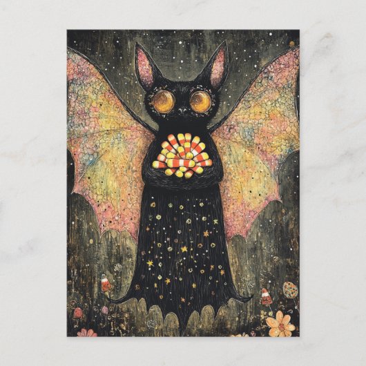 Adorable Bat mit Candy Mais Halloween Postkarte (Vorderseite)