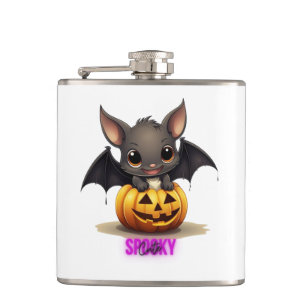 Adorable Bat on Pumpkin Niedlich Halloween Dekor 2 Flachmann