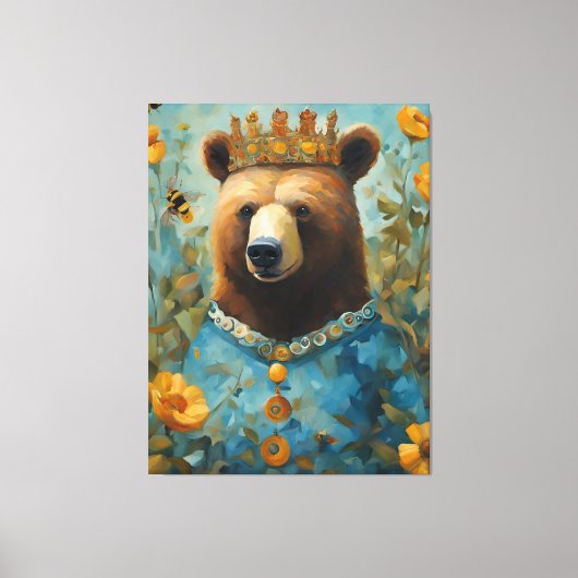 Adorable Bear in a Crown With Flowers and Bees Leinwanddruck (Vorderseite)