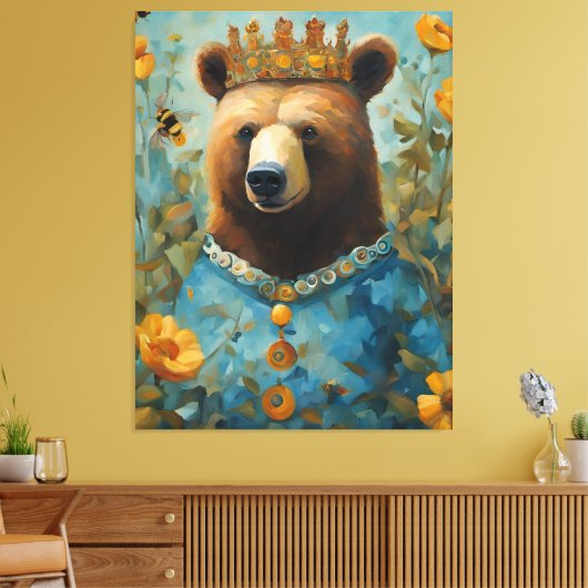 Adorable Bear in a Crown With Flowers and Bees Leinwanddruck (Insitu (Wohnzimmer))