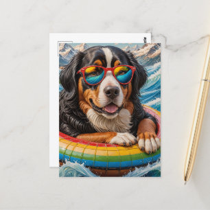 Adorable Berner Hund genießt Floattrip Postkarte