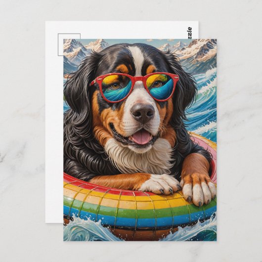 Adorable Berner Hund genießt Floattrip Postkarte (Vorne/Hinten)