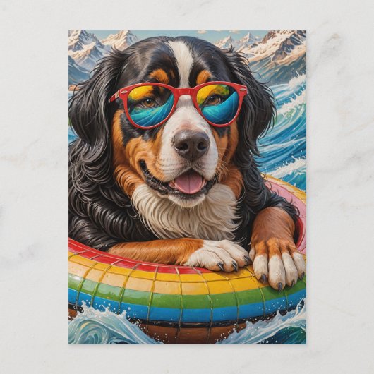 Adorable Berner Hund genießt Floattrip Postkarte (Vorderseite)