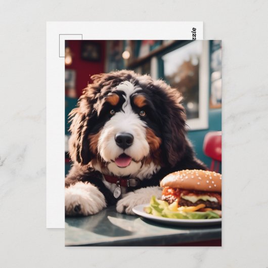 Adorable Bernerdoodle am Diner Postkarte (Vorne/Hinten)