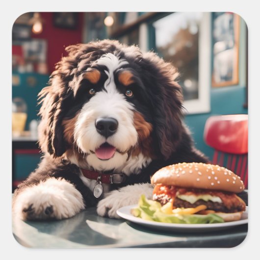 Adorable Bernerdoodle am Diner Quadratischer Aufkleber (Vorderseite)