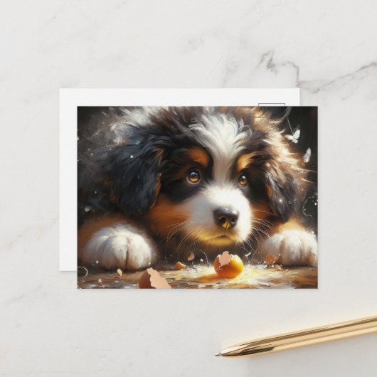 Adorable Bernese Mountain Hund Welpe zerbrochen Ei Postkarte (Vorderseite/Rückseite Beispiel)