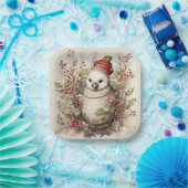 Adorable Bird Wear Red Cap Holly Red Berries Pappteller (Party)