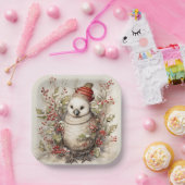 Adorable Bird Wear Red Cap Holly Red Berries Pappteller (Party)