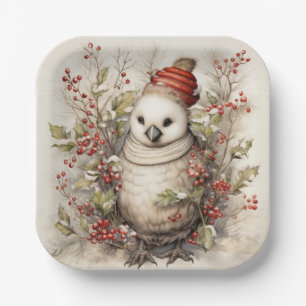 Adorable Bird Wear Red Cap Holly Red Berries Pappteller