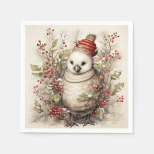 Adorable Bird Wear Red Cap Holly Red Berries Serviette