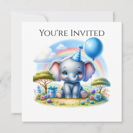 Adorable Birthday Elephant in Blue Party Hat Einladung (Vorderseite)