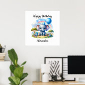 Adorable Birthday Elephant in Blue Party Hat Poster (Heimbüro)
