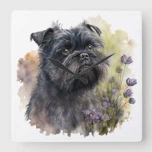 ADORABLE BLACK AFFENPINSCHER HUND MIT BLUME QUADRATISCHE WANDUHR