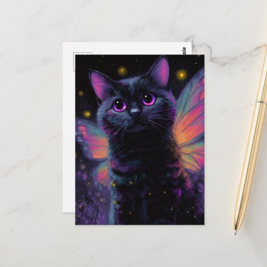 Adorable Black and Purple Cat Fairy Postkarte (Vorderseite/Rückseite Beispiel)