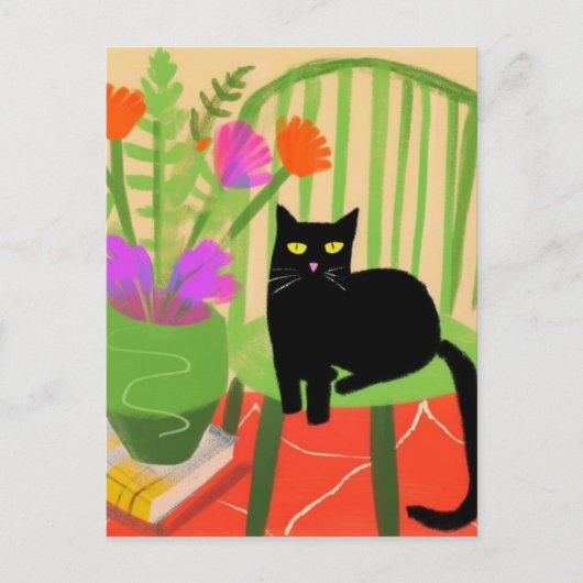 Adorable Black Cat auf einem grünen Stuhl Postkarte (Vorderseite)