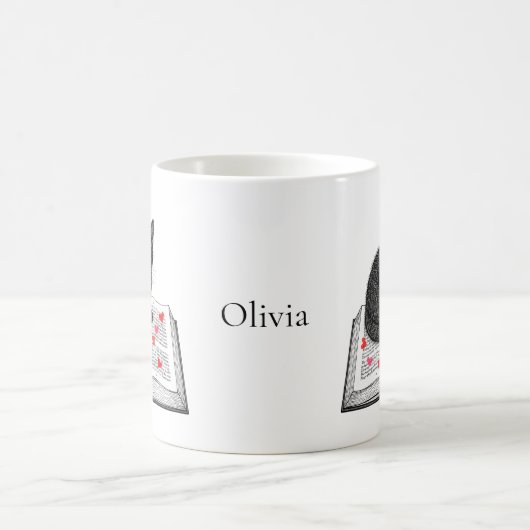 Adorable Black Cat Kitten on Book Custom Name Kaffeetasse (Mittel)