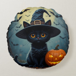 Adorable Black Cat Wear Hexenhut Rundes Kissen
