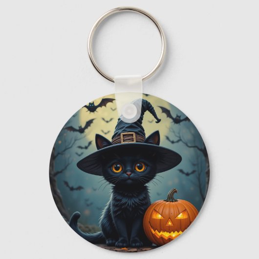 Adorable Black Cat Wear Hexenhut Schlüsselanhänger (Vorderseite)