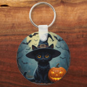 Adorable Black Cat Wear Hexenhut Schlüsselanhänger (Vorderseite)