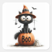 Adorable Black Cat Witch on 'Boo' Pumpkin Sticker (Vorderseite)