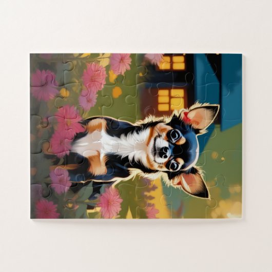 Adorable Black Chihuahua Welpe mit Wildblumen Puzzle (Horizontal)