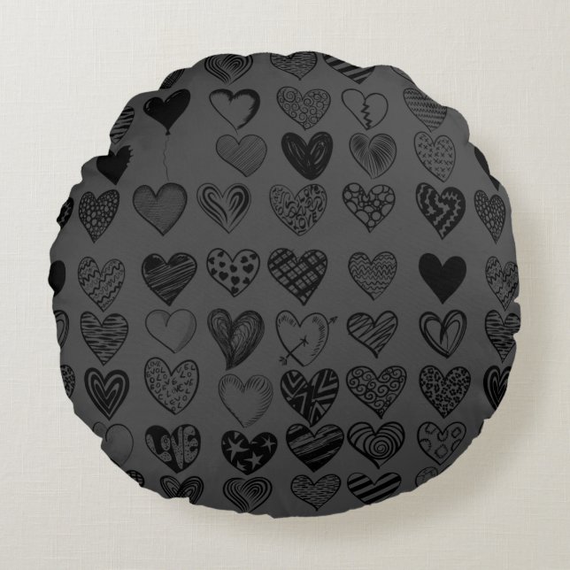 Adorable Black Heart Scribble Zeichnend Rundes Kissen (Vorderseite)