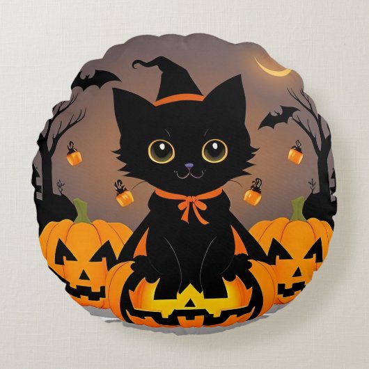 Adorable Black Kitten in Hexenhut Rundes Kissen (Vorderseite)