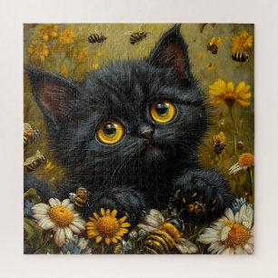Adorable Black Kitten unter Blume Puzzle
