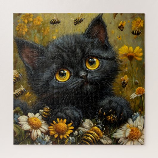Adorable Black Kitten unter Blume Puzzle (Vertikal)