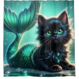 "Adorable Black Mermaid Kitten with Green Eyes" Duschvorhang