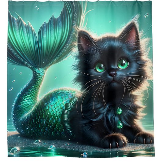 "Adorable Black Mermaid Kitten with Green Eyes" Duschvorhang (Vorderseite)