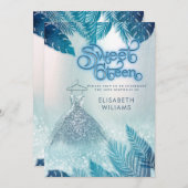 Adorable blaue tropische Blätter Glitzer süß 16 Einladung (Vorne/Hinten)
