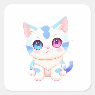 Adorable blaue und rosa Mit Augen Katze Quadratischer Aufkleber
