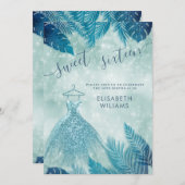 Adorable blauen tropischen Blätter bokeh süße 16 i Einladung (Vorne/Hinten)