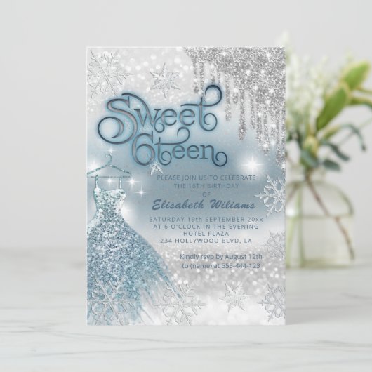 Adorable blaues Kleid silber glänzende Tropfen omb Einladung (Stehend Vorderseite)