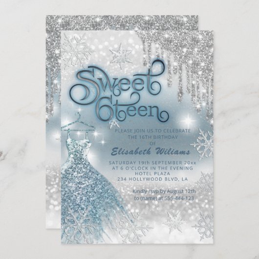 Adorable blaues Kleid silber glänzende Tropfen omb Einladung (Vorne/Hinten)