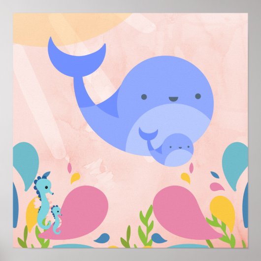 Adorable Blauwale in einem Baby-Rosa-Ozean-Szene, Poster (Vorne)