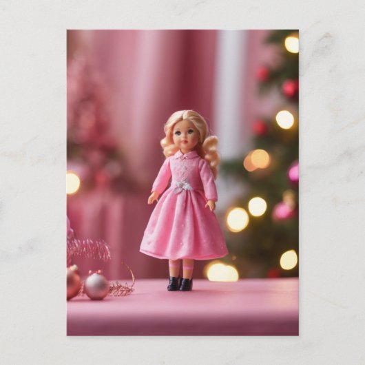 Adorable Blond Doll in Rosa Weihnachten Postkarte (Vorderseite)