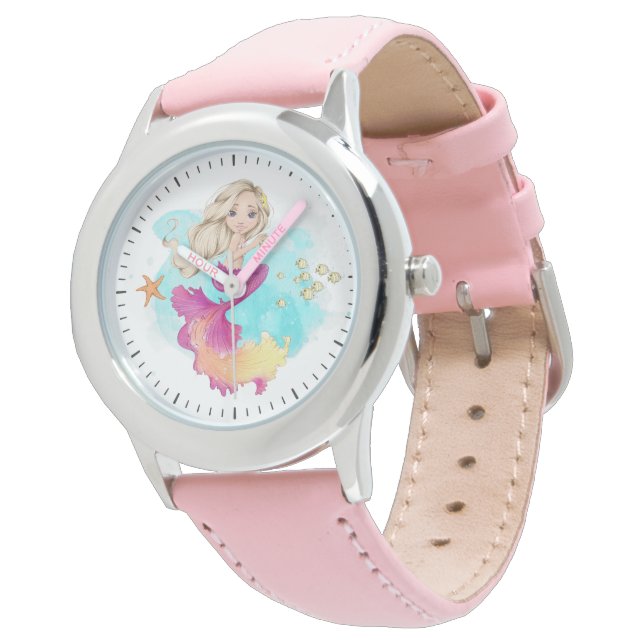 Adorable Blonde Ocean Mermaid PInk Girl's Watch Armbanduhr (Schrägansicht)