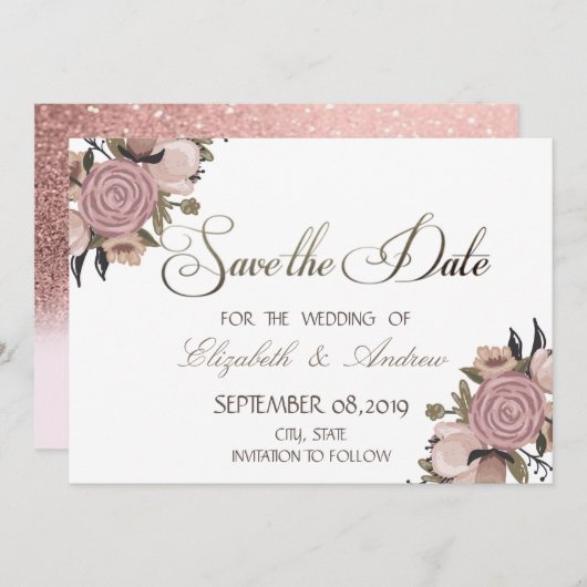 Adorable Bloral , Glitzer Hochzeit Speichern Sie d Save The Date (Vorne/Hinten)