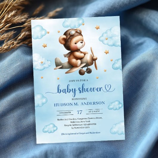 Adorable blue aviator teddy bear boy baby shower  einladung