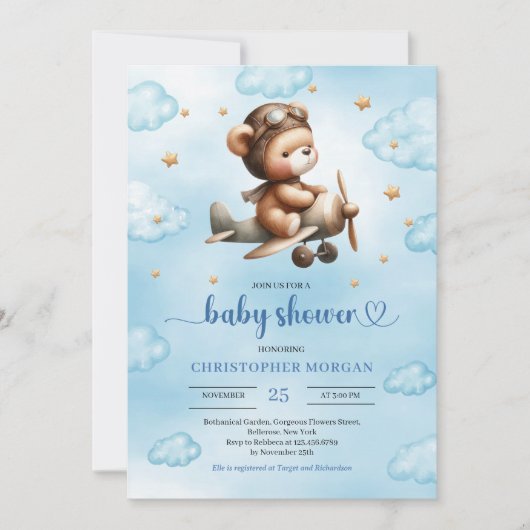 Adorable blue aviator teddy bear boy baby shower einladung (Vorderseite)