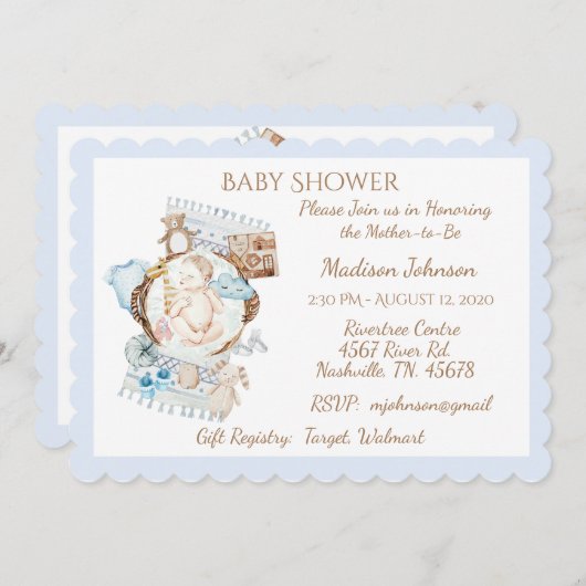 Adorable Blue Baby Boy Dusche für Neugeborene Einladung (Vorne/Hinten)