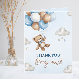 Adorable Blue Brown Bärenballons Babydusche Dankeskarte