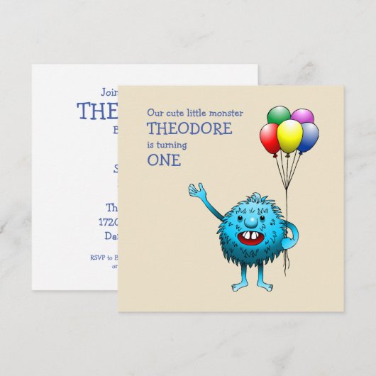 Adorable Blue Creature mit Balloons Einladung (Vorne/Hinten)